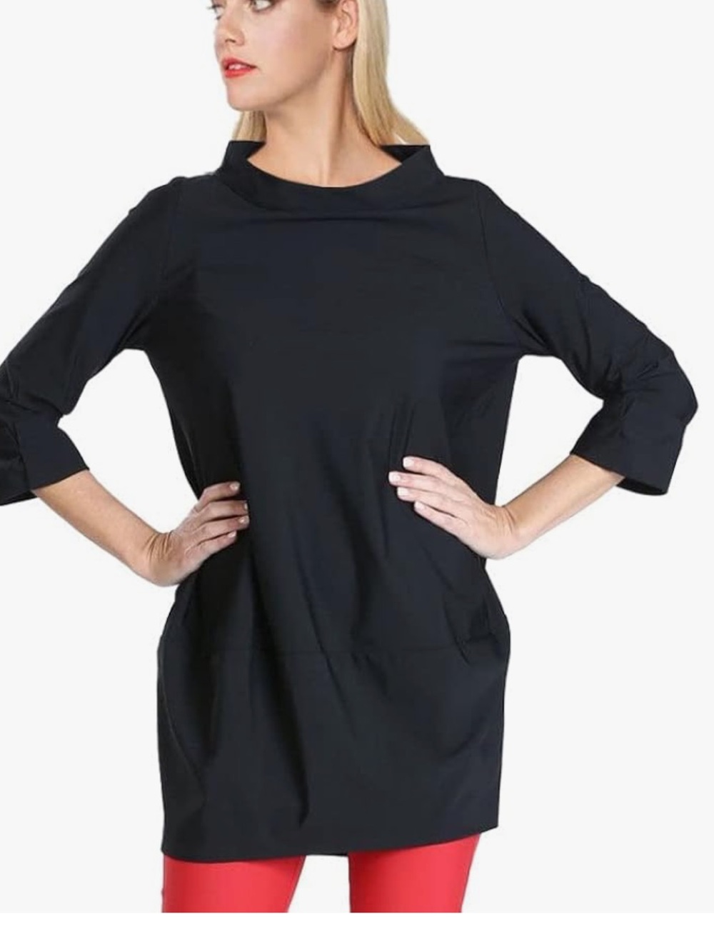 IC by Connie K Funnel Black Shift Dress L Minimalist 3/4 Sleeve Made USA Lagen